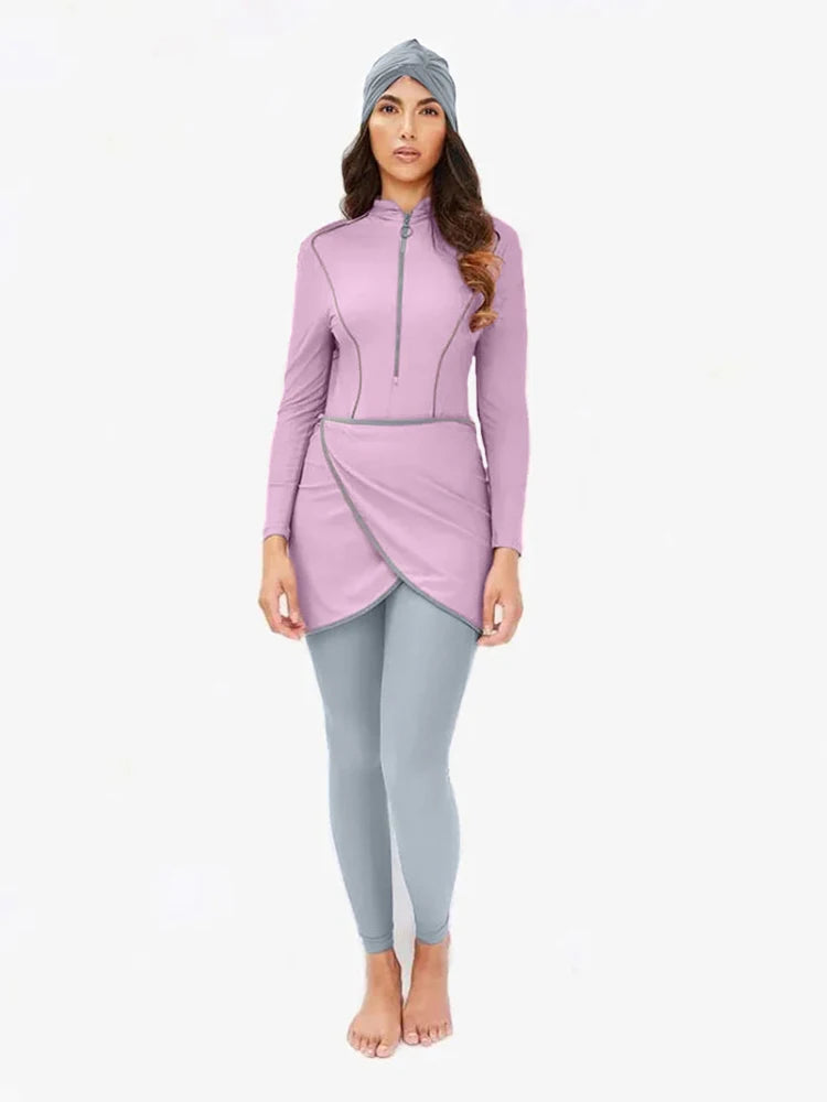 New Muslim Swimwear Women Modest Patchwork Hijab Long Sleeves Sport Swimsuit 3pcs Islamic Burkinis Wear Bathing Suit