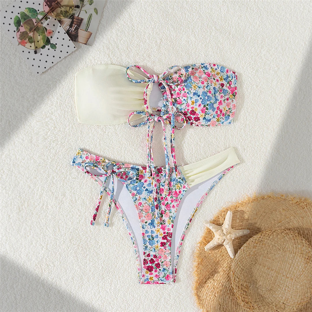 Sexy Flowers Printed Bandeau Splicing Bikini Women Swimwear Female Swimsuit Two-pieces Bikini set Bather Bathing Suit Swim V6029