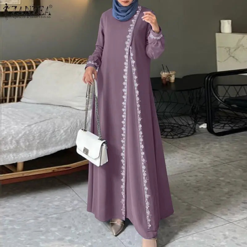 Spring Lace Crochet Maxi Dress Muslim Turkey Abaya Elegant Loose Vestidos Women Long Sleeve O Neck IsIamic Robe Kaftan