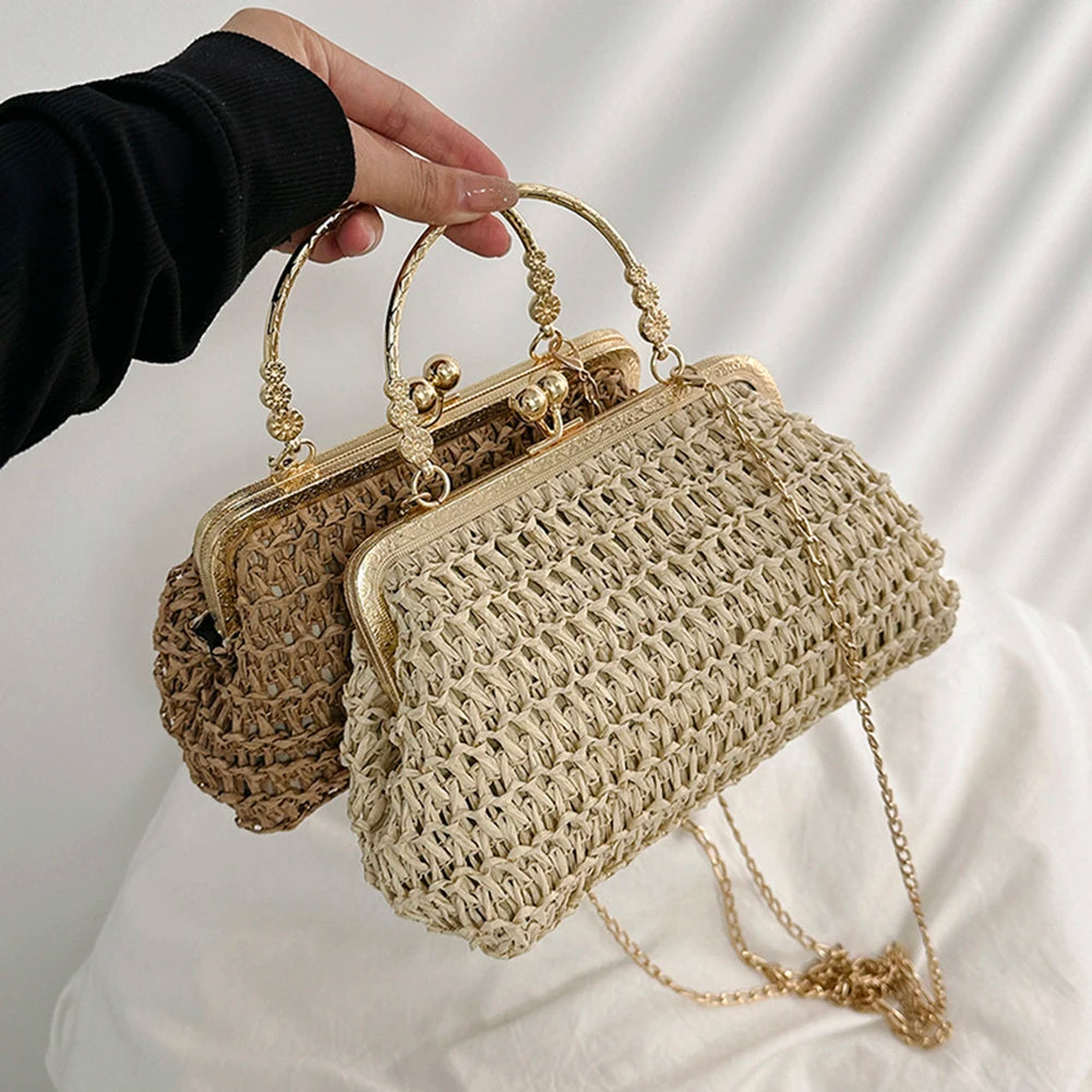 Summer Beach Straw Bags Exquisite Gold Chain Party Banquet Purse Hand Woven Handbag Female Clutch Bag Shoulder Crossbody Bags