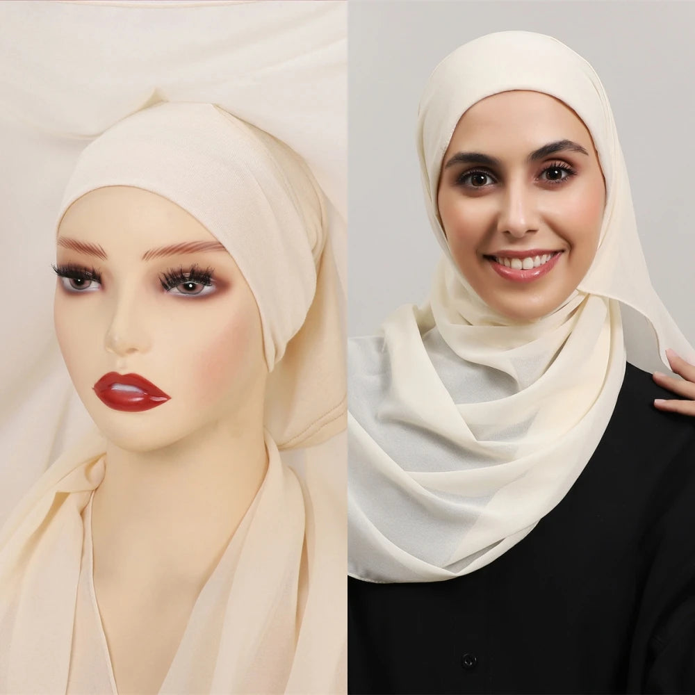 2024 New Hot Sale Premium Instant Chiffon Hijab Wrap With Bulit-in Magnets Solid Color Muslim Women Scarf Shawl with Undercap