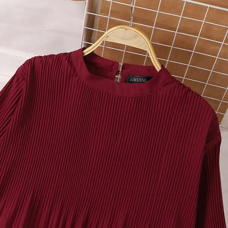 Muslim Islamic Pleated Long Blouses Women Autumn Long Sleeve O Neck Casual Blusas Mujer Fashion Solid Color Tunic Tops