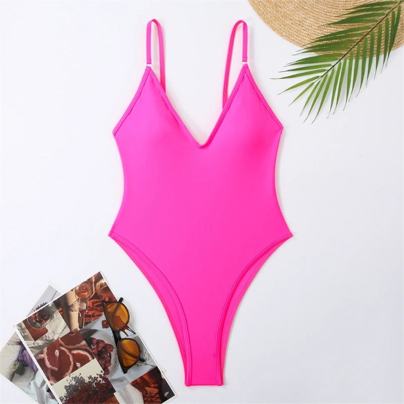 E8BF Womens V-Neck Swimwear Female Solid Color Swimming Suit Ladies 1 Pc Swimsuit Push Up Bathing Suit for Beachwear