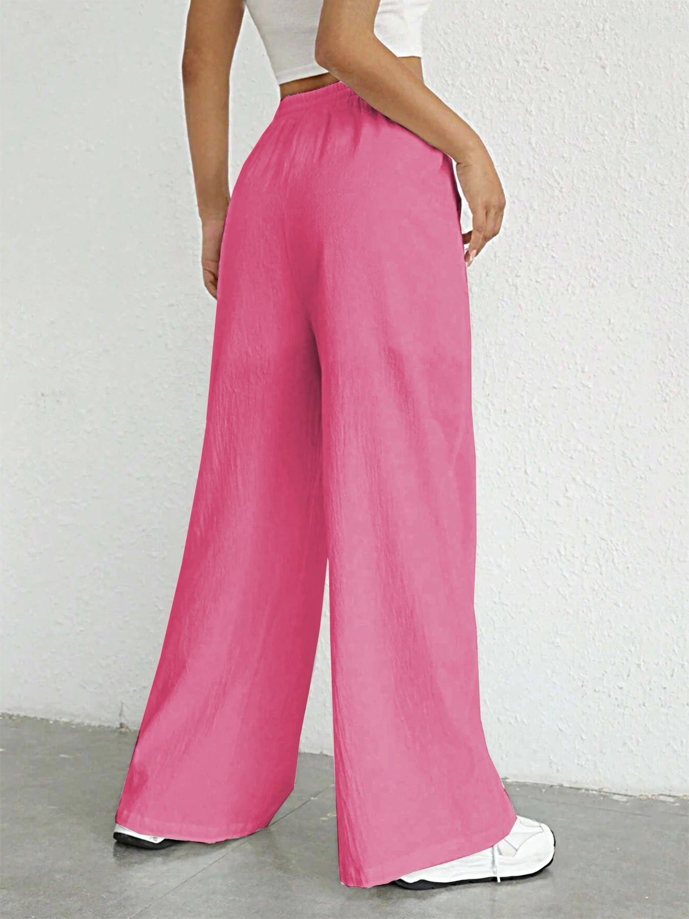 Solid Drawstring Wide Leg Pants, Casual Elastic Waist Slant Pocket Pants For Spring & Summer, Women's Clothing
