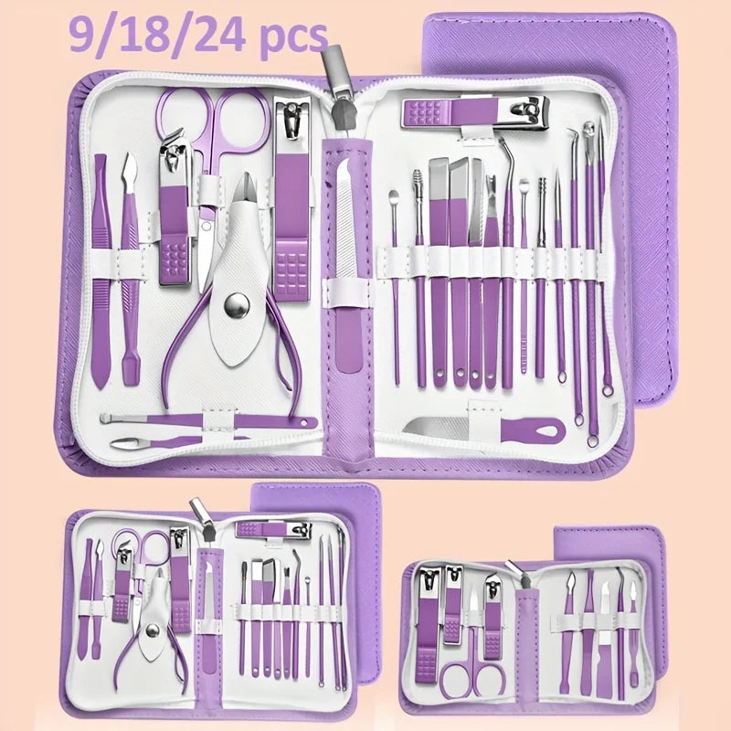 9/18/24/30 PCS Stainless Steel Manicure Set in Dazzling Purple & Blue - Modern Style Nail Clippers with Convex Blade, Non-Scente