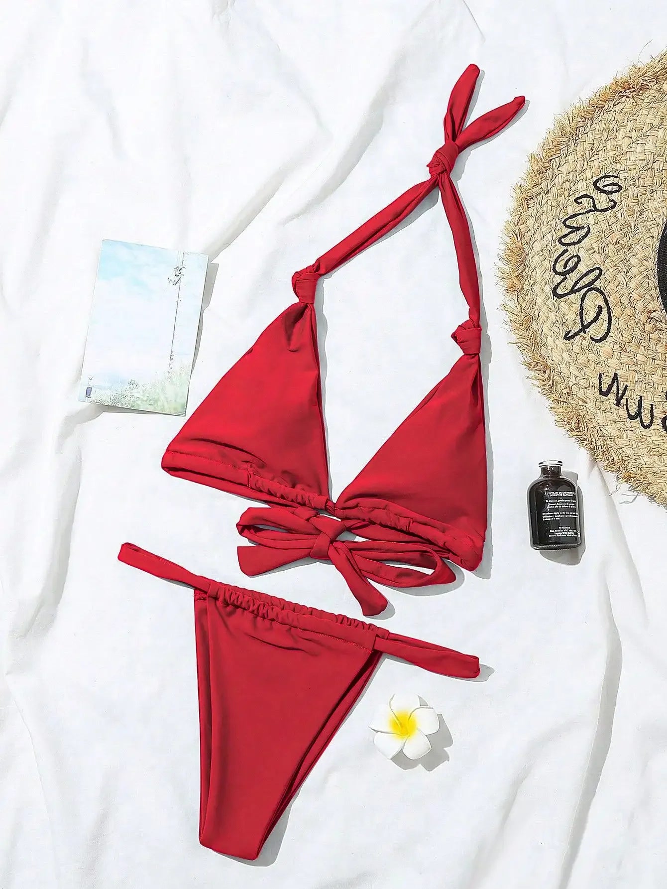 2PCS Women's Sexy Summer Pleated Lace With Backless Beach Vacation Bikini