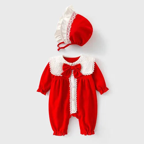 Baby Girl Clothing Autumn Spring Lovely Princess Style Lace Panel Toddler Baby Girl Romper+Hat Infant Baby Girls Jumpsuit