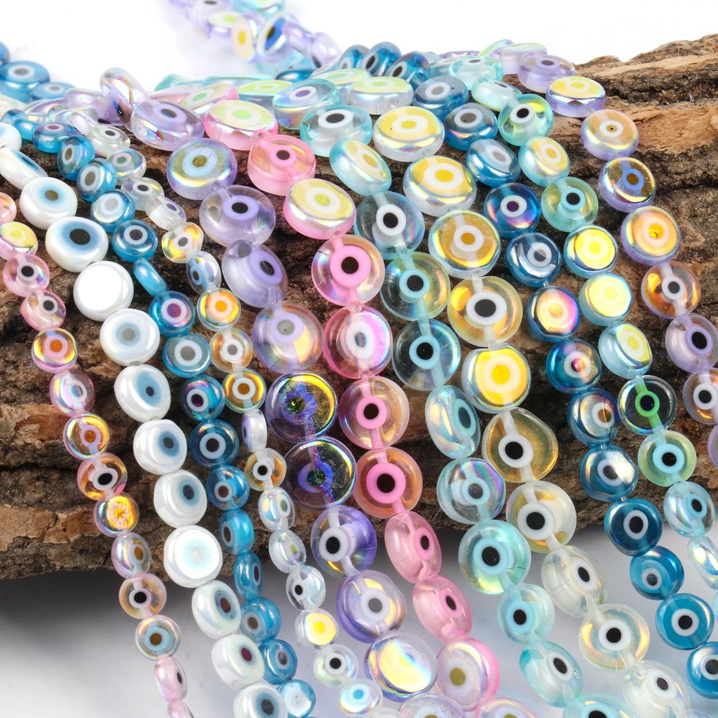 8mm Evil Eye Millefiori Lampwork Glazed Glass Bead AB Colors Flat Round Disc Beads for Jewelry Making Bracelets Accessories 15''