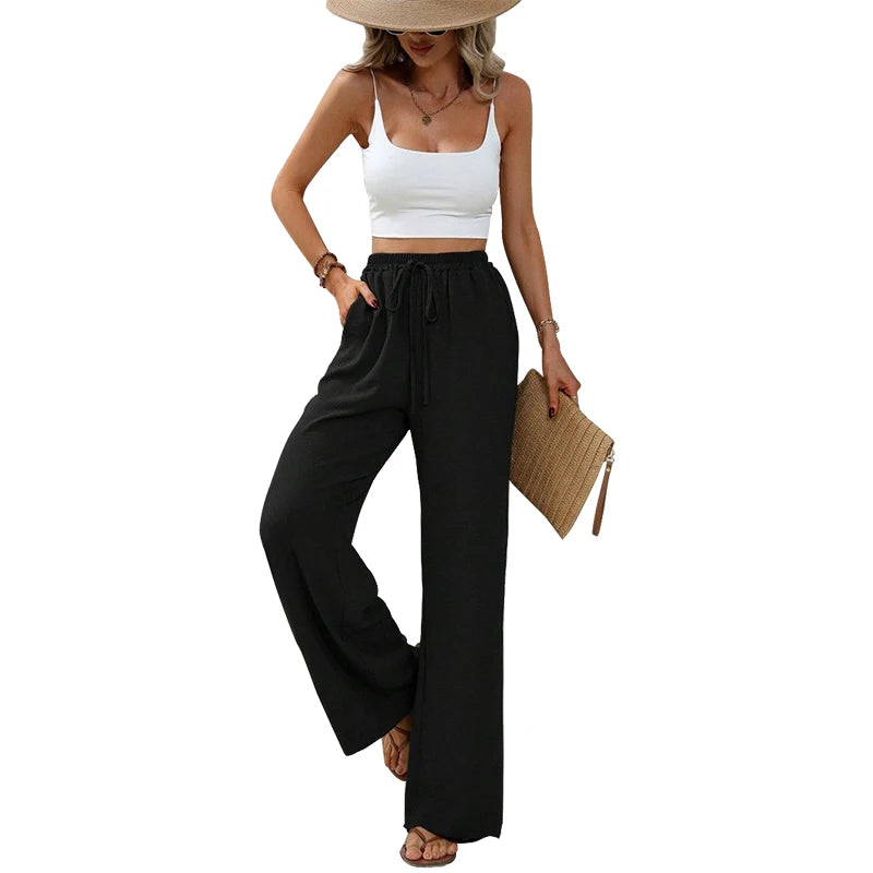 Women's Plain Pocket Tie Front Elastic Waist Straight Leg Pants, Casual High Waist Wide Leg Trousers for Daily Wear, Baggy Pants