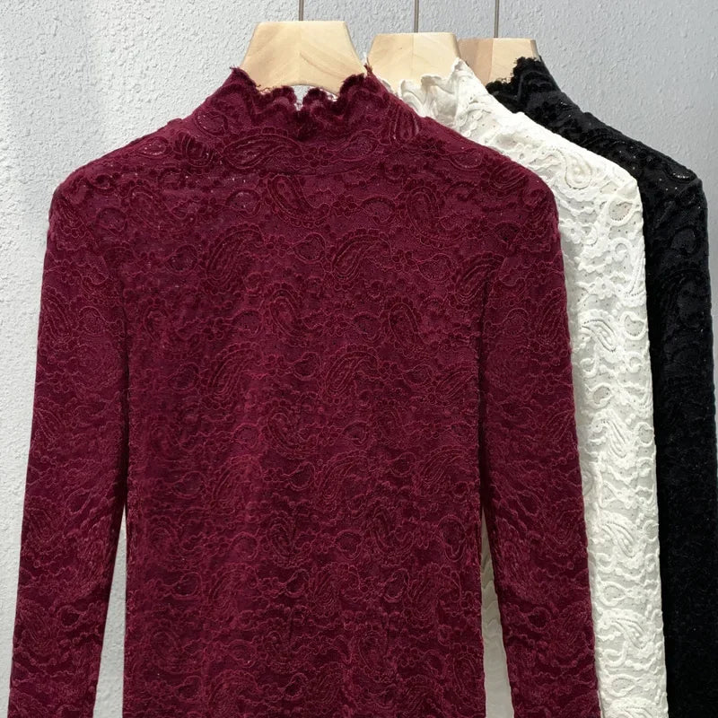 Stand Collar Lace Long Sleeved T-shirt Base Shirt for Women's Autumn and Winter Style French Romantic Mesh Top Elastic Plus Size