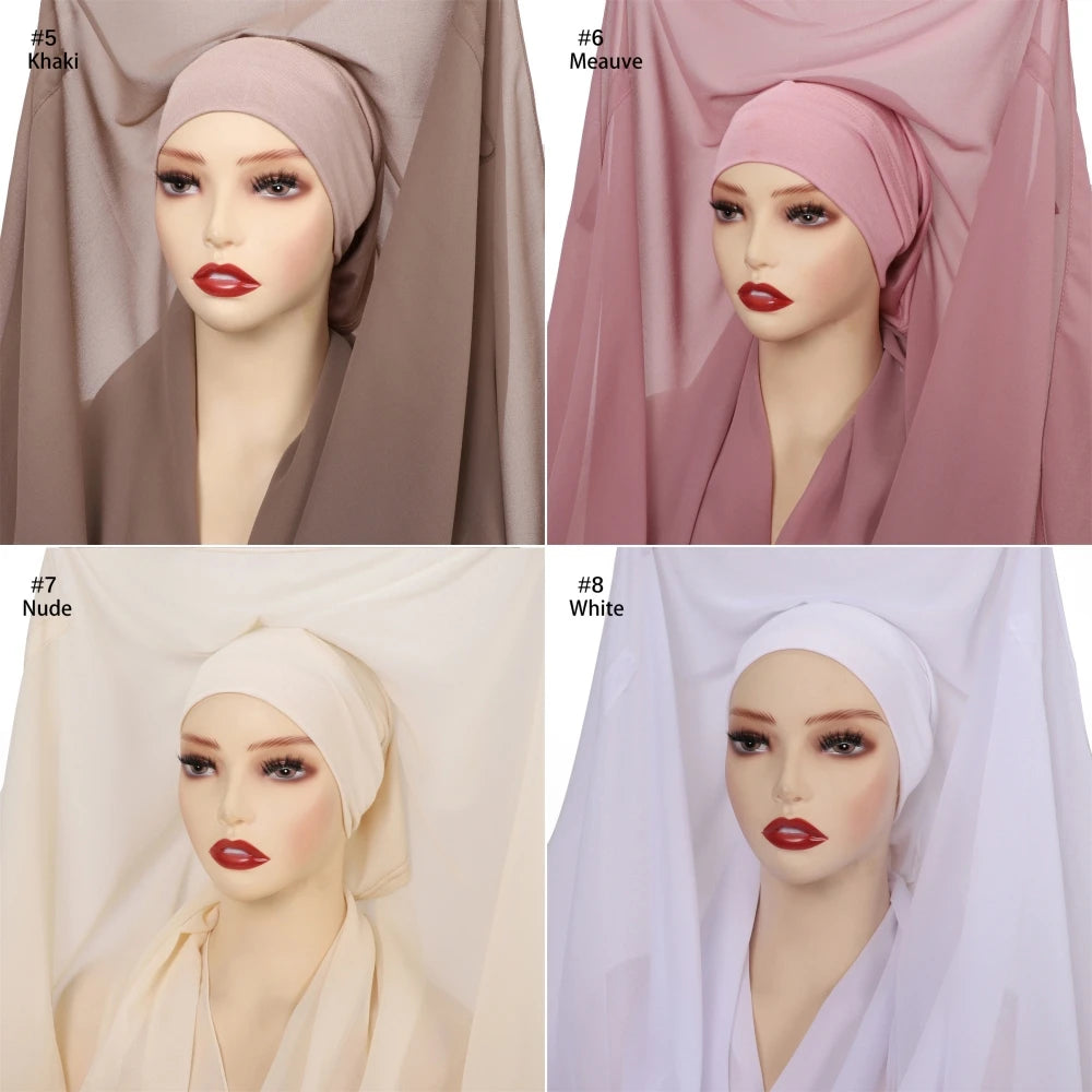 2024 New Hot Sale Premium Instant Chiffon Hijab Wrap With Bulit-in Magnets Solid Color Muslim Women Scarf Shawl with Undercap