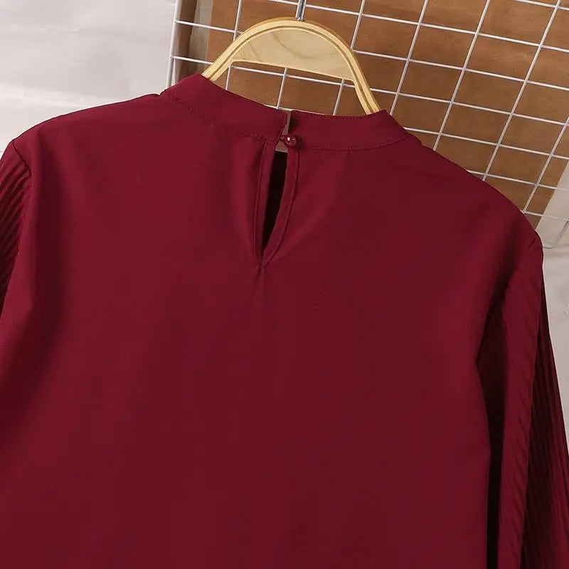 Muslim Islamic Pleated Long Blouses Women Autumn Long Sleeve O Neck Casual Blusas Mujer Fashion Solid Color Tunic Tops