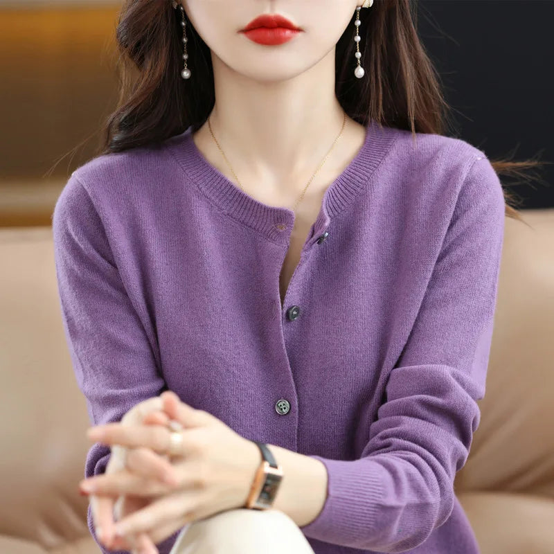 Women's Sweater 2024 New Knitted Cardigan Early Spring Crewneck Sweater Women's Long-sleeved Solid Color All-match Jacket