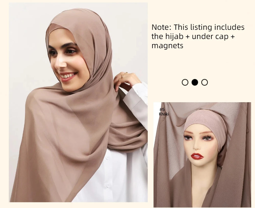 2024 New Hot Sale Premium Instant Chiffon Hijab Wrap With Bulit-in Magnets Solid Color Muslim Women Scarf Shawl with Undercap