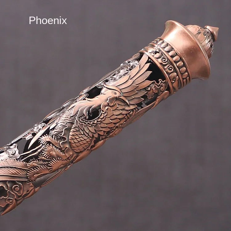 Retro Vertical Incense Burner Buddha Heart Sutra Dragon Phoenix Pillar Metal Incense Stick Home Office Ceremony Decoration