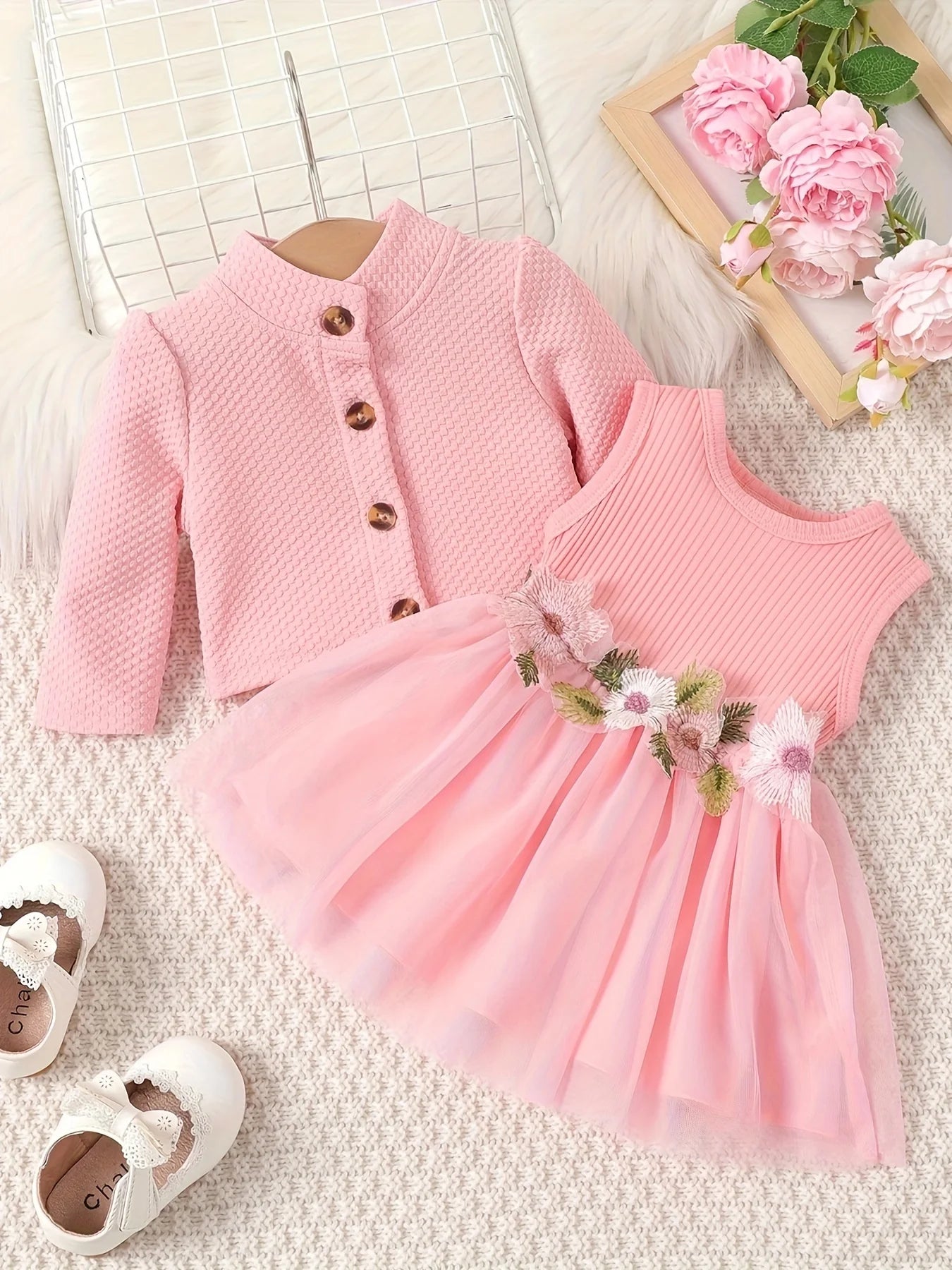 1-2 year old infant and female baby spring and autumn style waist flower design vest spliced mesh dress+long sleeved jacket