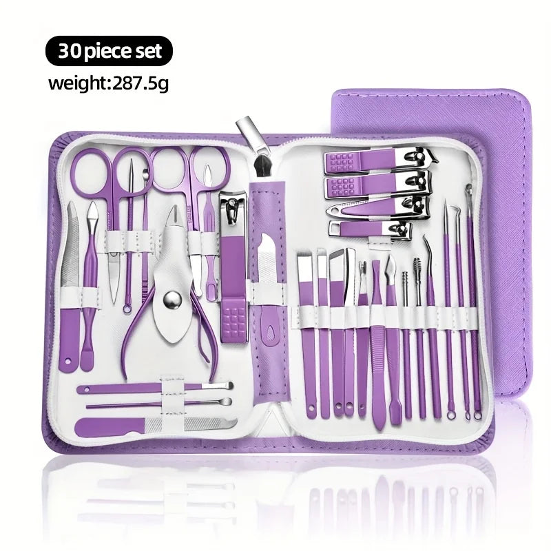 9/18/24/30 PCS Stainless Steel Manicure Set in Dazzling Purple & Blue - Modern Style Nail Clippers with Convex Blade, Non-Scente
