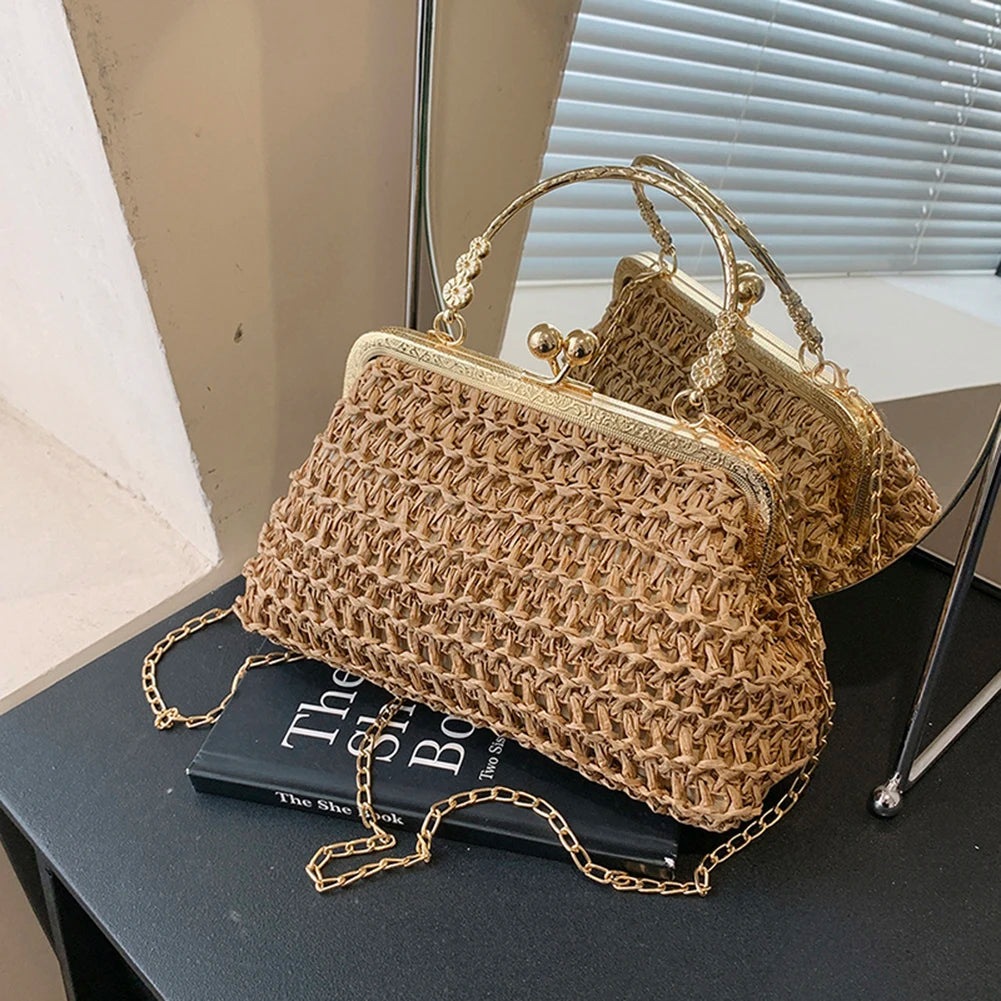 Summer Beach Straw Bags Exquisite Gold Chain Party Banquet Purse Hand Woven Handbag Female Clutch Bag Shoulder Crossbody Bags