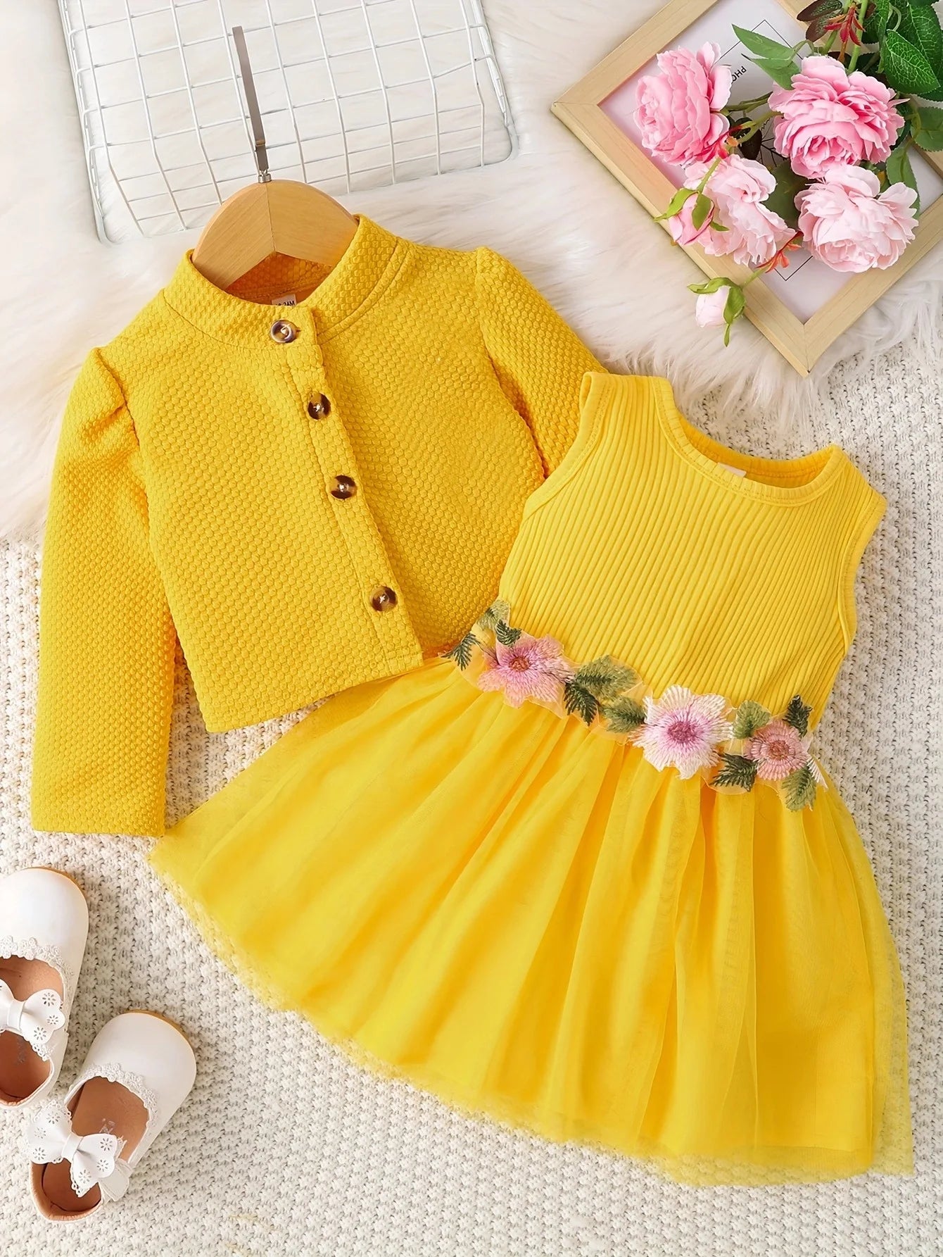 1-2 year old infant and female baby spring and autumn style waist flower design vest spliced mesh dress+long sleeved jacket