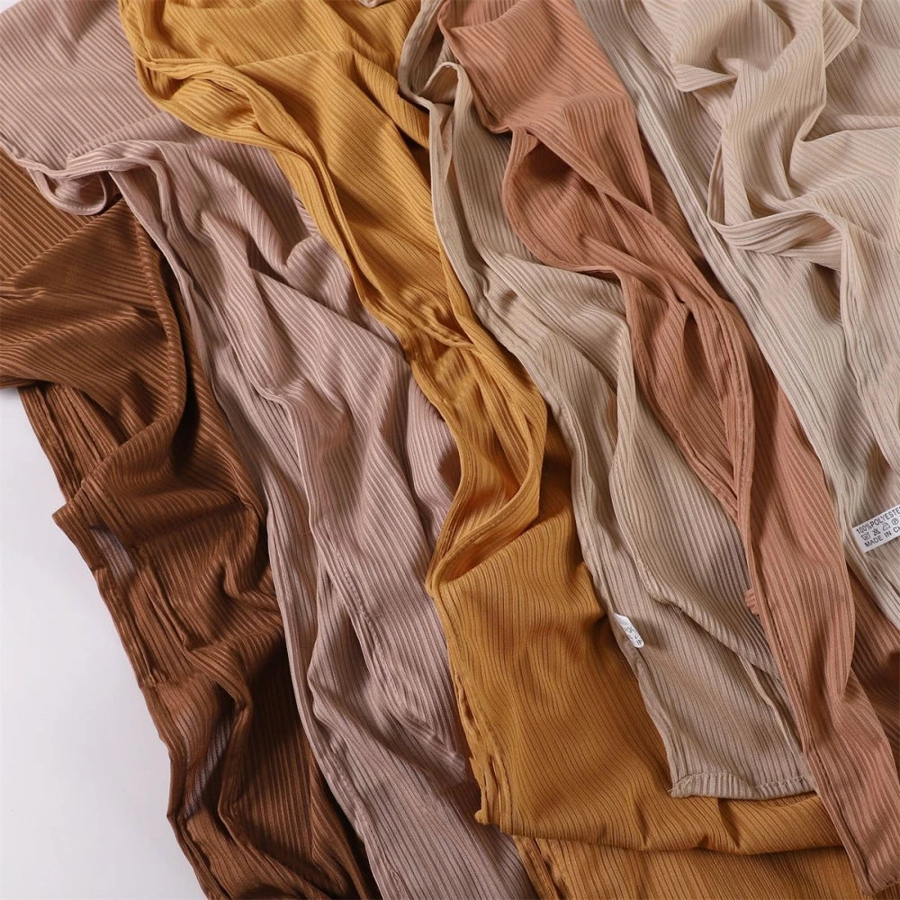 Fashion Elastic Ribbed Jersey Hijabs Solid Color Stripes Lightweight Thin Headscarf Muslim Women Soft Scarf Headwrap Long Shawl