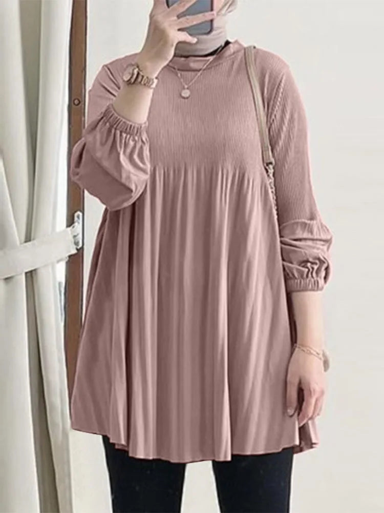 Muslim Islamic Pleated Long Blouses Women Autumn Long Sleeve O Neck Casual Blusas Mujer Fashion Solid Color Tunic Tops