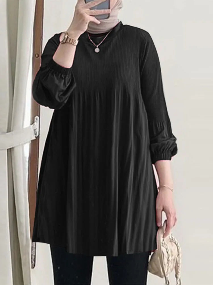 Muslim Islamic Pleated Long Blouses Women Autumn Long Sleeve O Neck Casual Blusas Mujer Fashion Solid Color Tunic Tops
