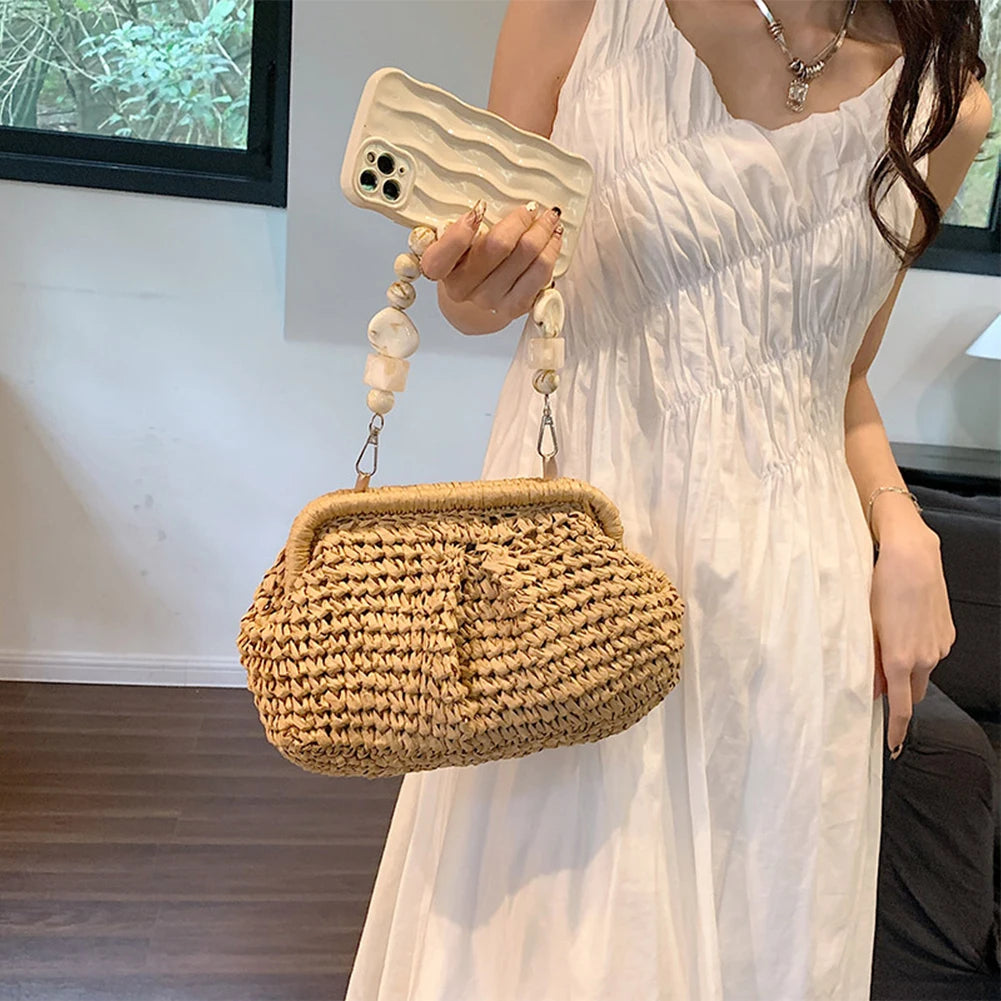Summer Beach Straw Bags Exquisite Gold Chain Party Banquet Purse Hand Woven Handbag Female Clutch Bag Shoulder Crossbody Bags