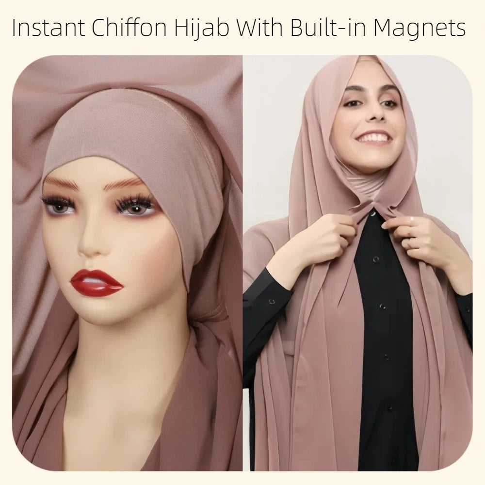2024 New Hot Sale Premium Instant Chiffon Hijab Wrap With Bulit-in Magnets Solid Color Muslim Women Scarf Shawl with Undercap