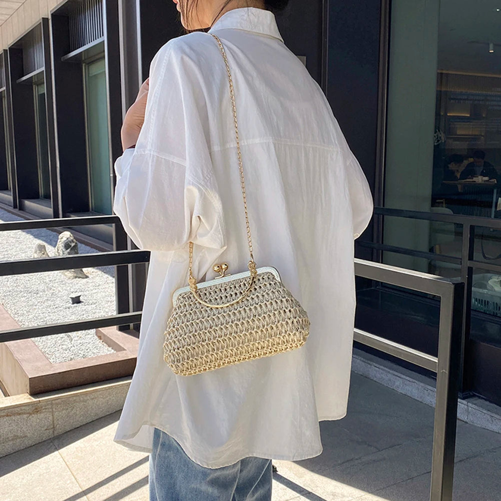 Summer Beach Straw Bags Exquisite Gold Chain Party Banquet Purse Hand Woven Handbag Female Clutch Bag Shoulder Crossbody Bags