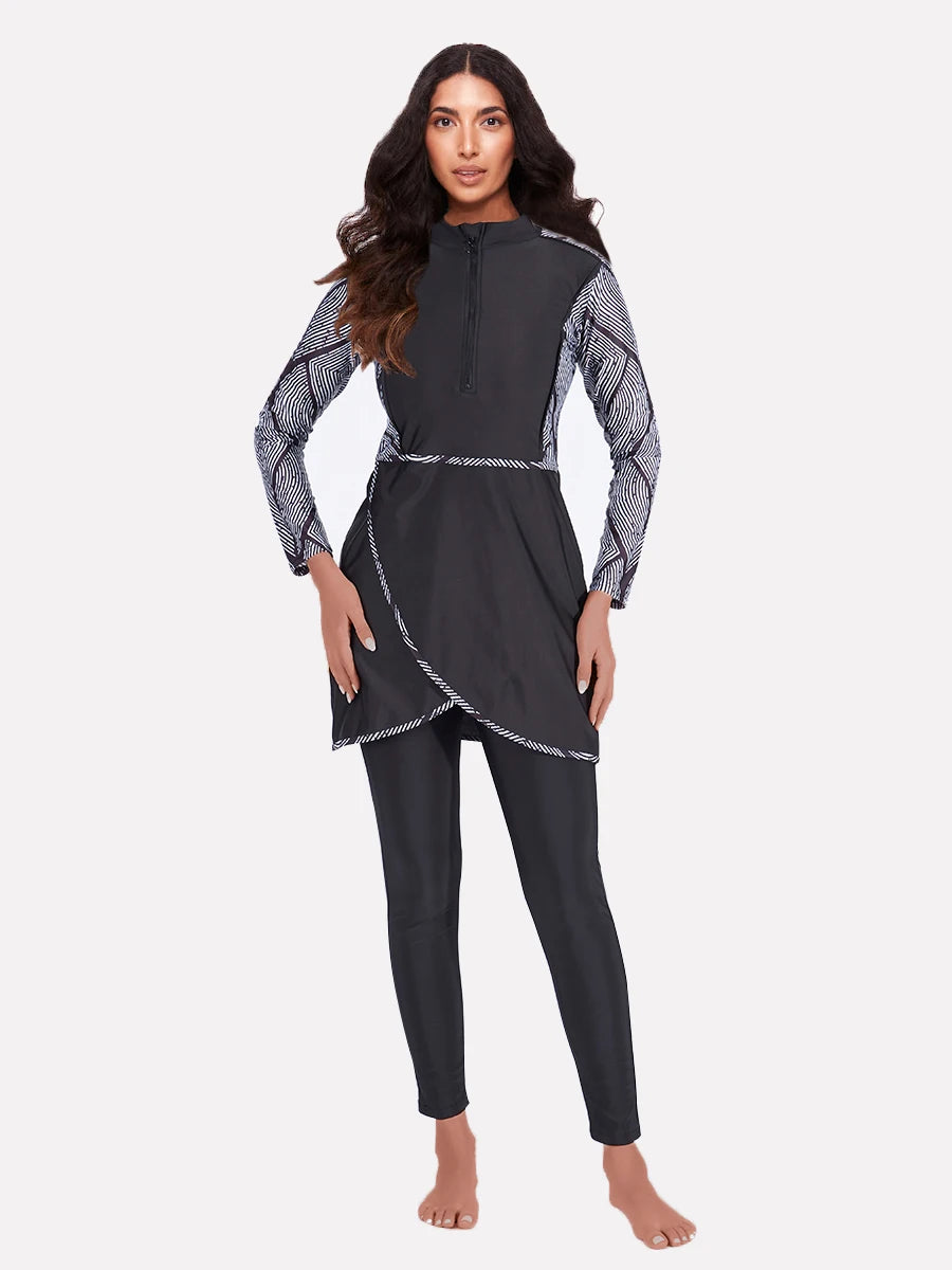 New Muslim Swimwear Women Modest Patchwork Hijab Long Sleeves Sport Swimsuit 3pcs Islamic Burkinis Wear Bathing Suit