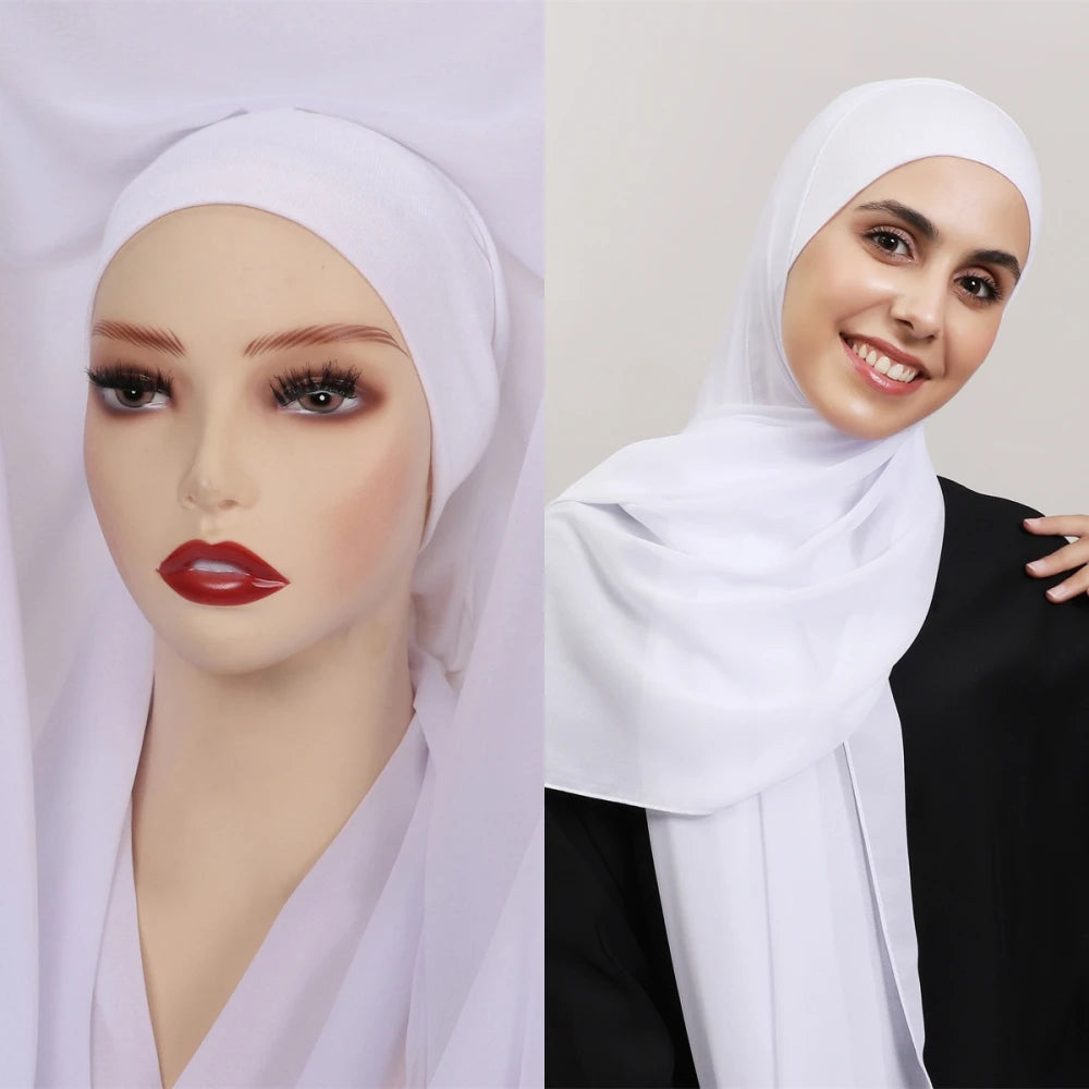 2024 New Hot Sale Premium Instant Chiffon Hijab Wrap With Bulit-in Magnets Solid Color Muslim Women Scarf Shawl with Undercap