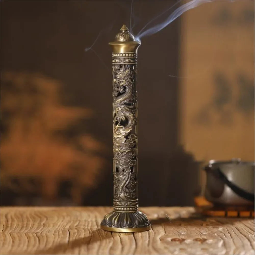 Retro Vertical Incense Burner Buddha Heart Sutra Dragon Phoenix Pillar Metal Incense Stick Home Office Ceremony Decoration