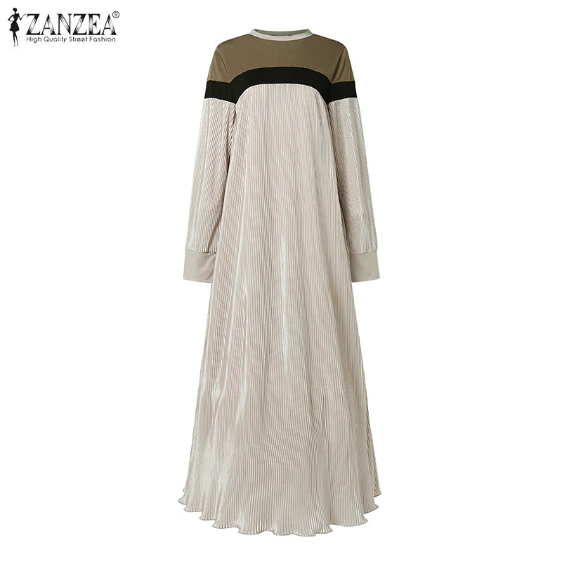 Fashion Autumn Long Sleeve Pleated Sundress 2024 ZANZEA Muslim Abaya Robe Femmme Women Patchwork Maxi Dresses Casual Vestidos