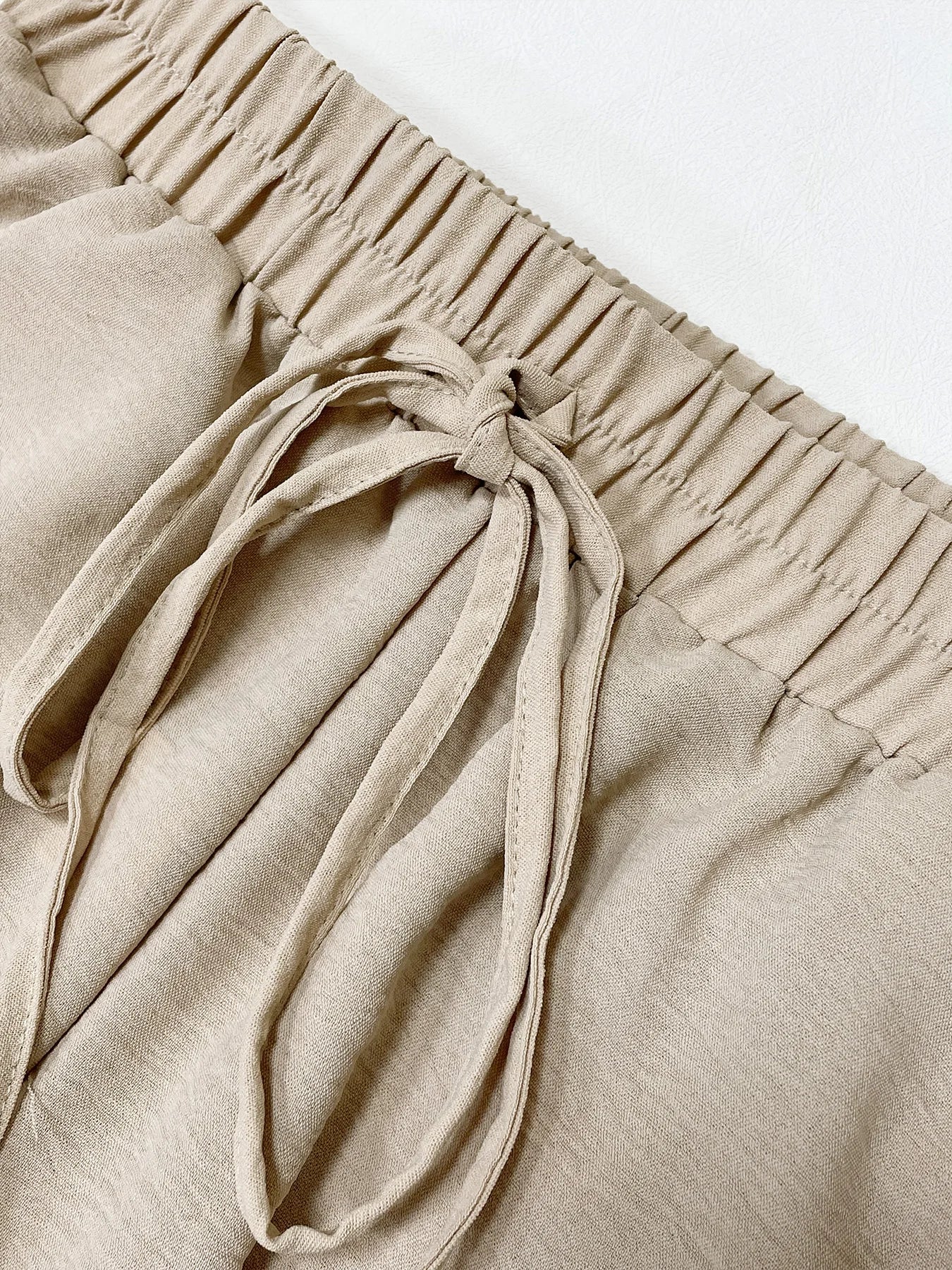 Women's Plain Pocket Tie Front Elastic Waist Straight Leg Pants, Casual High Waist Wide Leg Trousers for Daily Wear, Baggy Pants