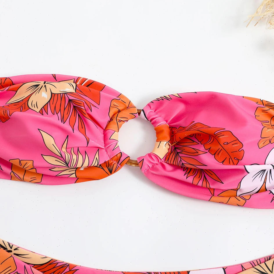 Sexy Floral Bikinis Bandeau Swimsuit for Woman 2025 Female Swimwear Women Thong Bikini Set Summer Swim Beach Wear Bathing Suits