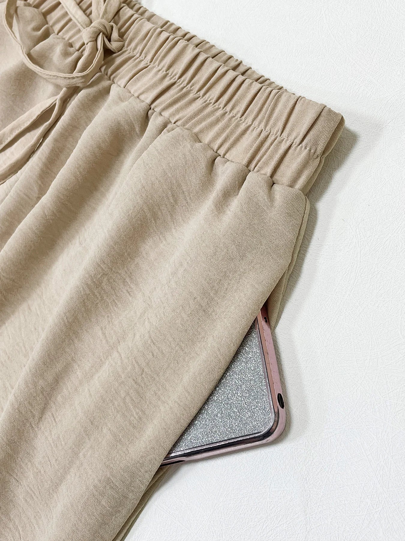 Women's Plain Pocket Tie Front Elastic Waist Straight Leg Pants, Casual High Waist Wide Leg Trousers for Daily Wear, Baggy Pants