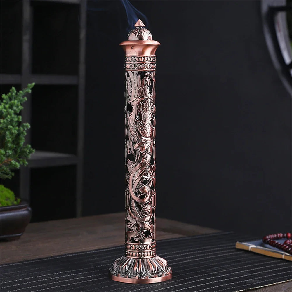 Retro Vertical Incense Burner Buddha Heart Sutra Dragon Phoenix Pillar Metal Incense Stick Home Office Ceremony Decoration