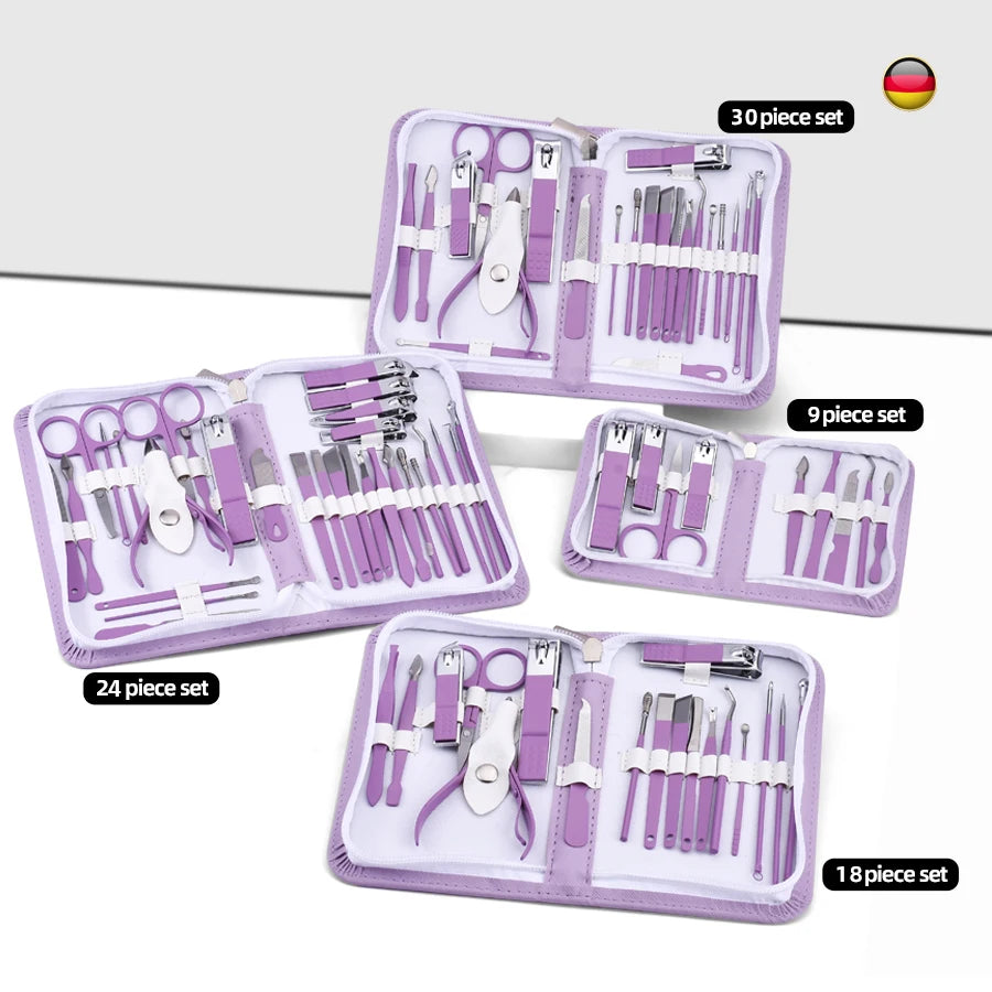 9/18/24/30 PCS Stainless Steel Manicure Set in Dazzling Purple & Blue - Modern Style Nail Clippers with Convex Blade, Non-Scente