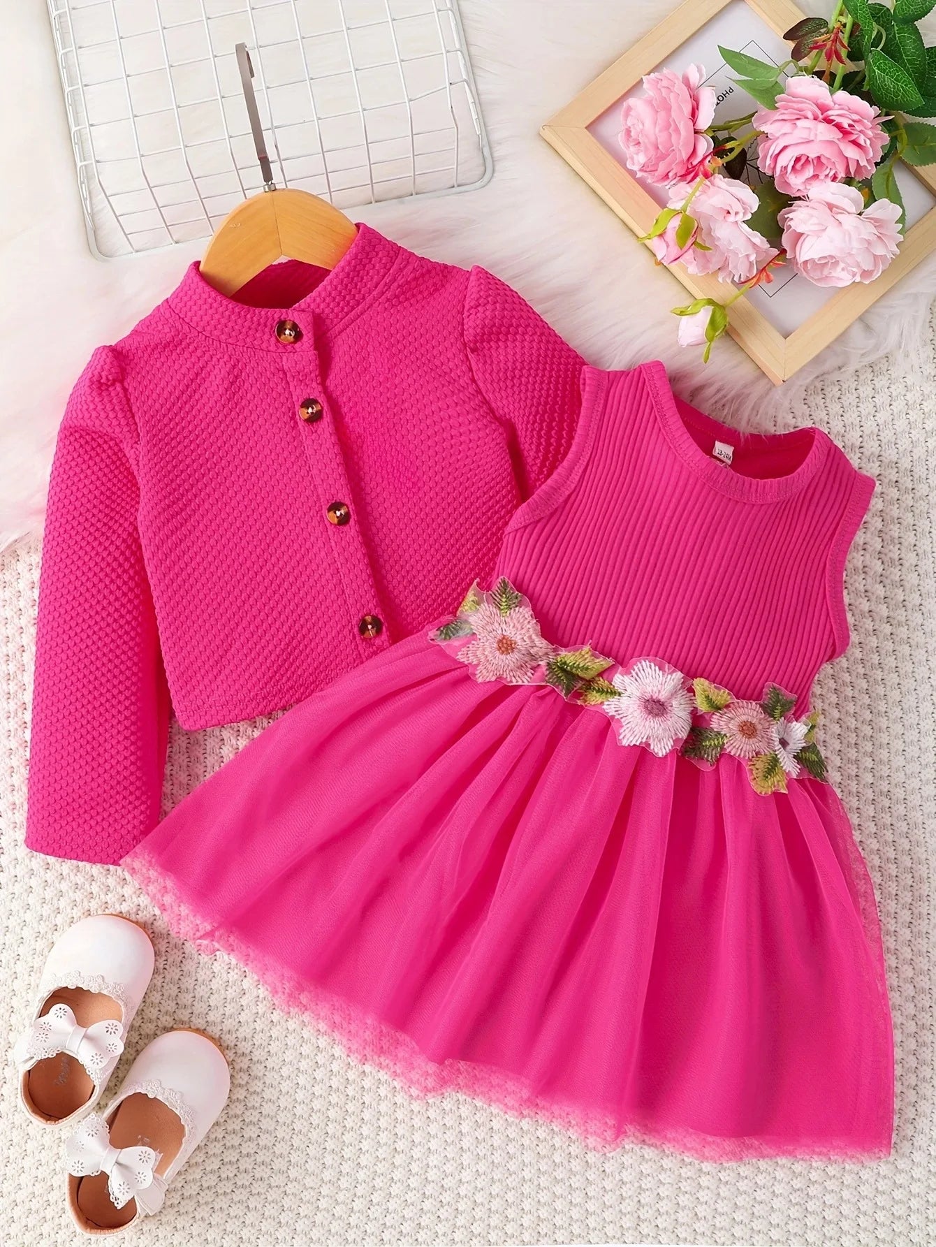 1-2 year old infant and female baby spring and autumn style waist flower design vest spliced mesh dress+long sleeved jacket