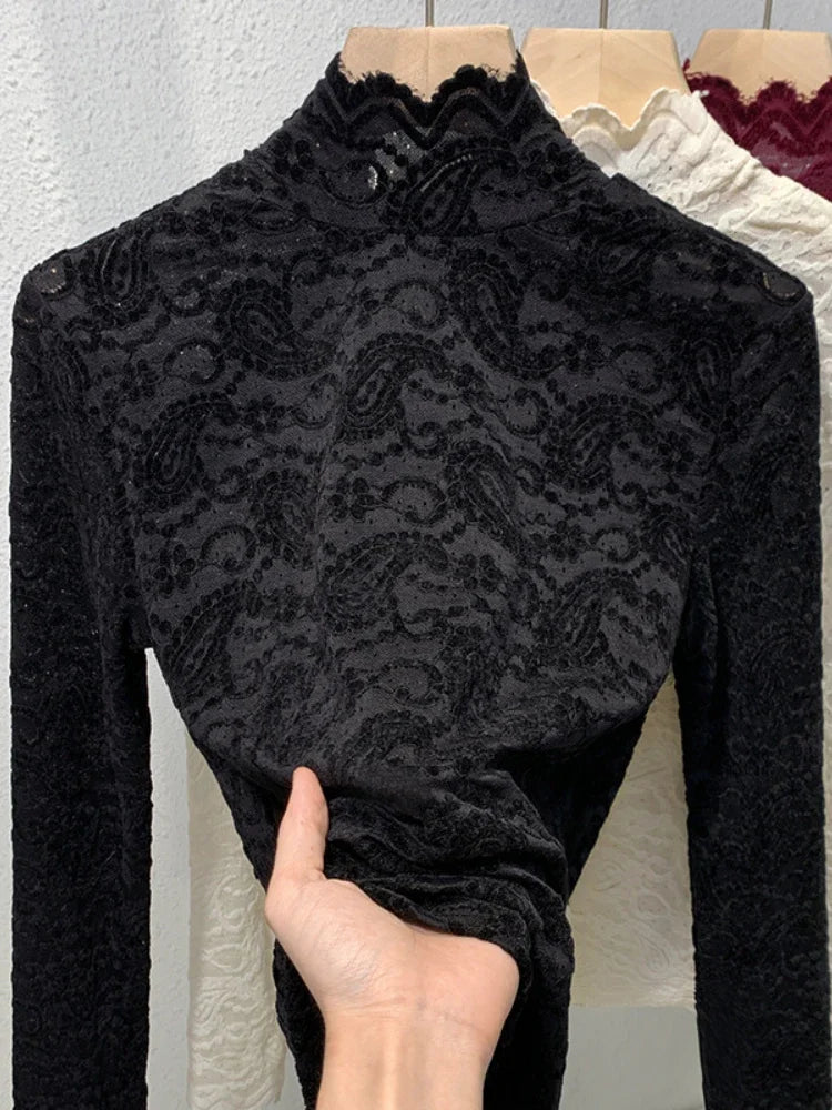 Stand Collar Lace Long Sleeved T-shirt Base Shirt for Women's Autumn and Winter Style French Romantic Mesh Top Elastic Plus Size
