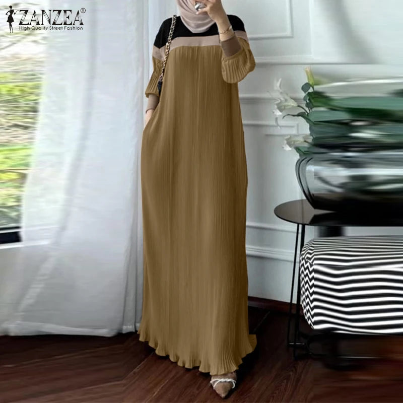 Fashion Autumn Long Sleeve Pleated Sundress 2024 ZANZEA Muslim Abaya Robe Femmme Women Patchwork Maxi Dresses Casual Vestidos
