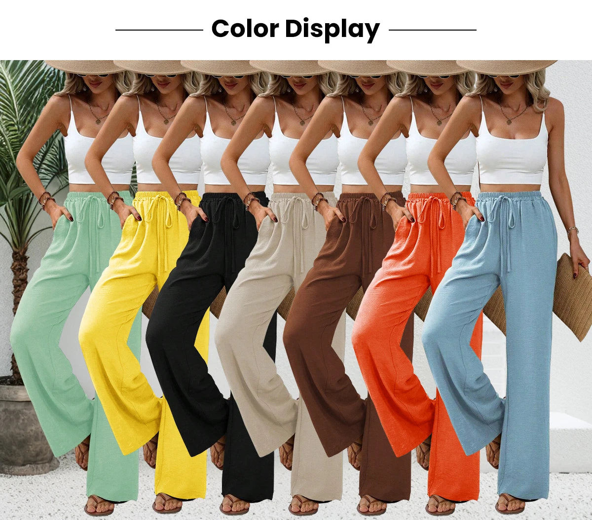Women's Plain Pocket Tie Front Elastic Waist Straight Leg Pants, Casual High Waist Wide Leg Trousers for Daily Wear, Baggy Pants