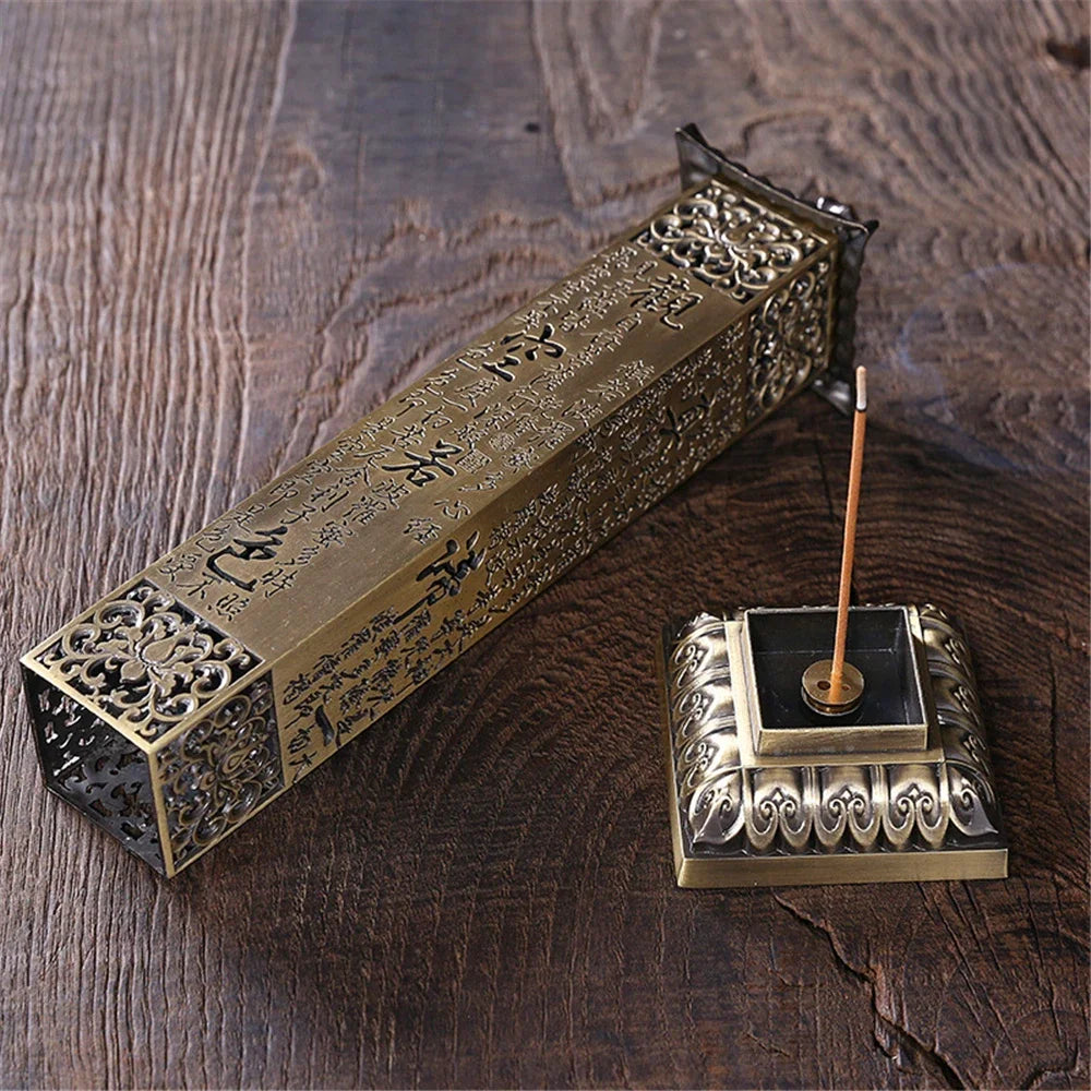Retro Vertical Incense Burner Buddha Heart Sutra Dragon Phoenix Pillar Metal Incense Stick Home Office Ceremony Decoration
