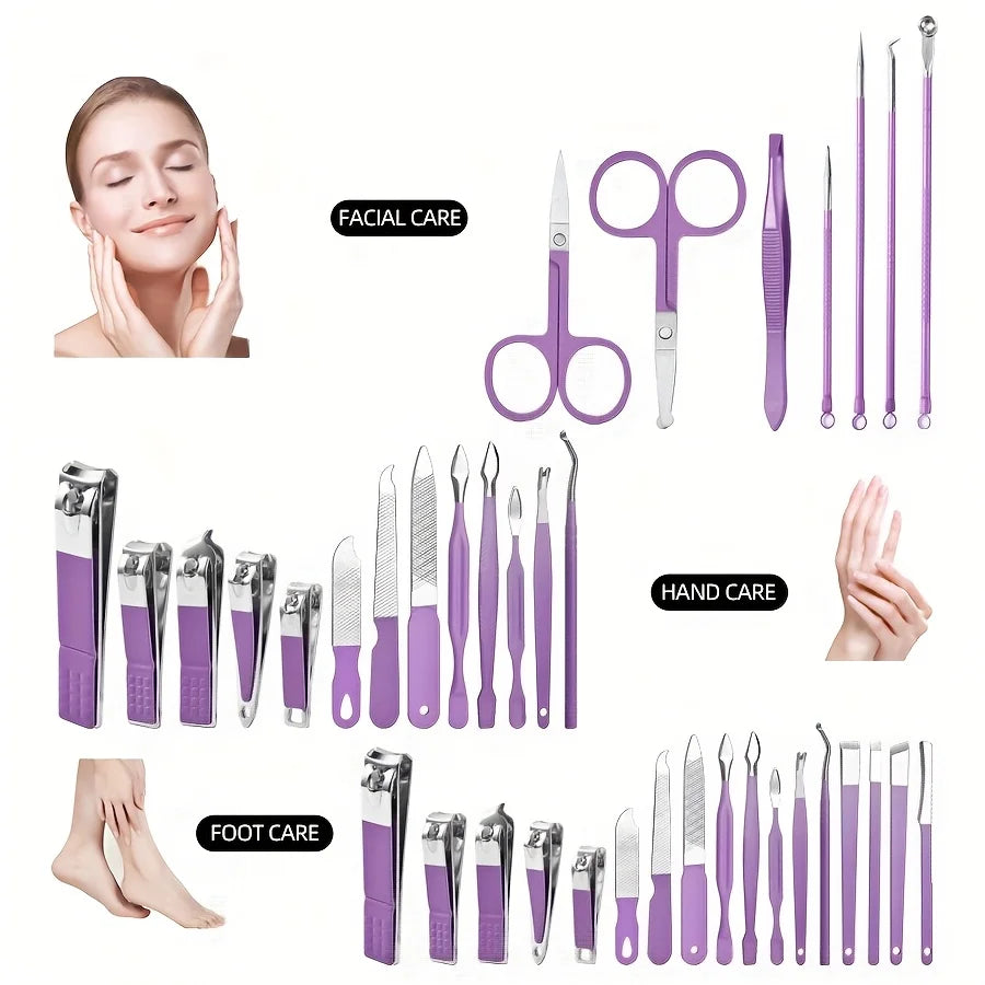 9/18/24/30 PCS Stainless Steel Manicure Set in Dazzling Purple & Blue - Modern Style Nail Clippers with Convex Blade, Non-Scente