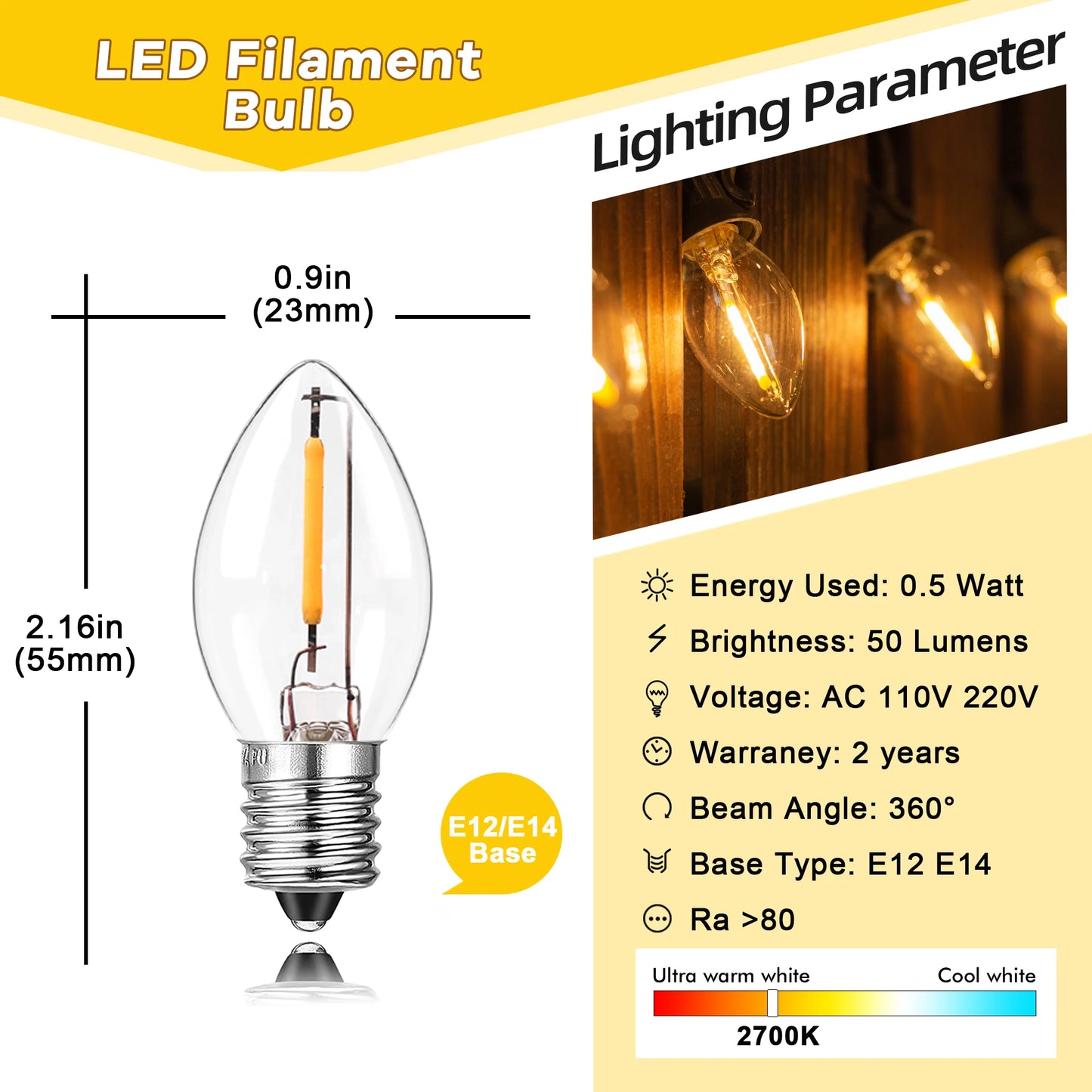 6Pack C7 Candelabra LED Light Bulbs 0.5W E12 E14 Chandelier Base 7W Incandescent Equivalent Vintage Candle Edison Night Bulb