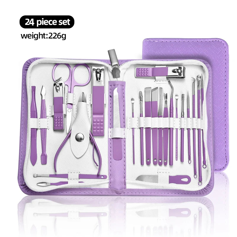9/18/24/30 PCS Stainless Steel Manicure Set in Dazzling Purple & Blue - Modern Style Nail Clippers with Convex Blade, Non-Scente