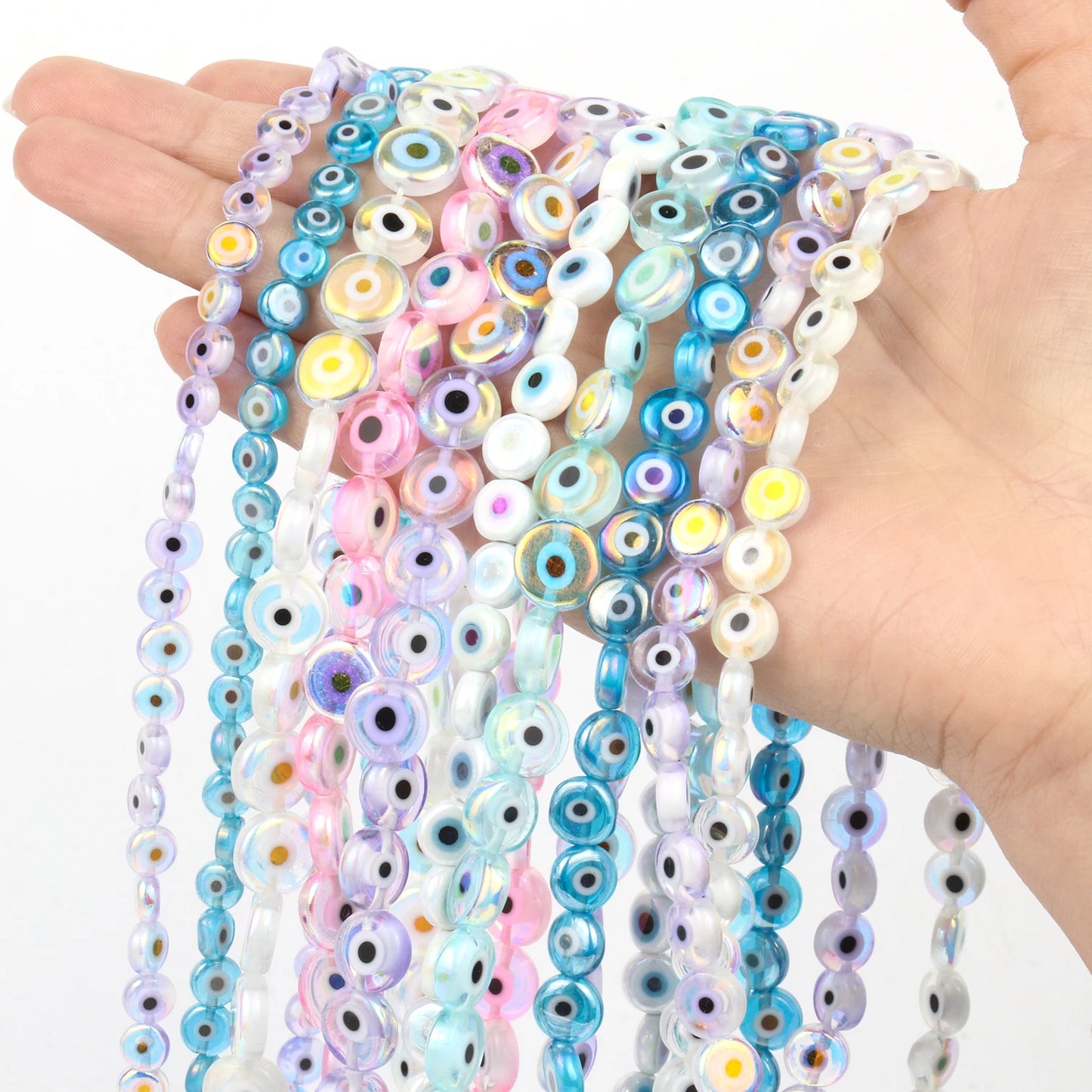 8mm Evil Eye Millefiori Lampwork Glazed Glass Bead AB Colors Flat Round Disc Beads for Jewelry Making Bracelets Accessories 15''
