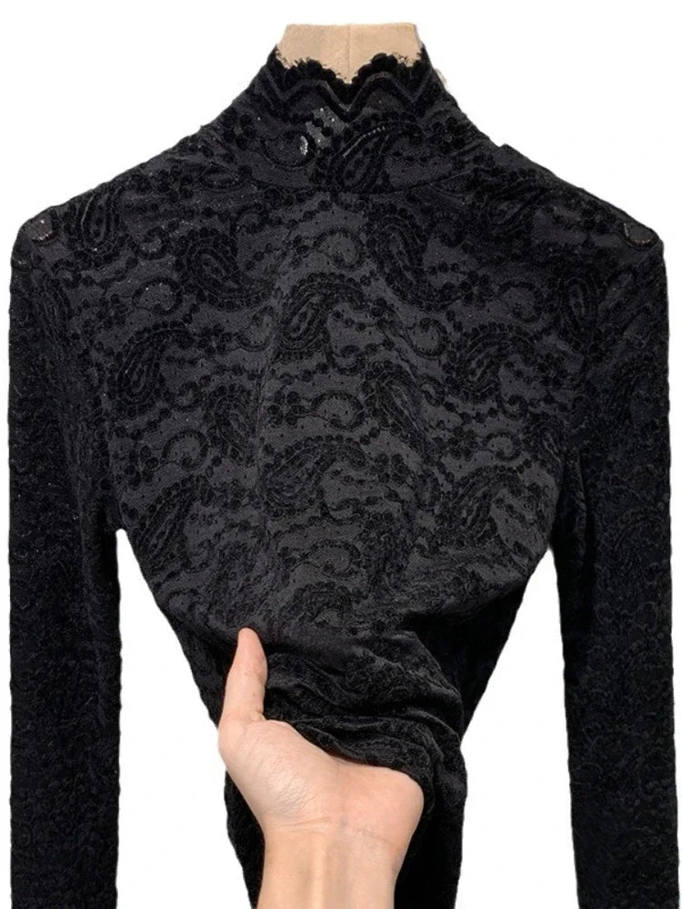 Stand Collar Lace Long Sleeved T-shirt Base Shirt for Women's Autumn and Winter Style French Romantic Mesh Top Elastic Plus Size