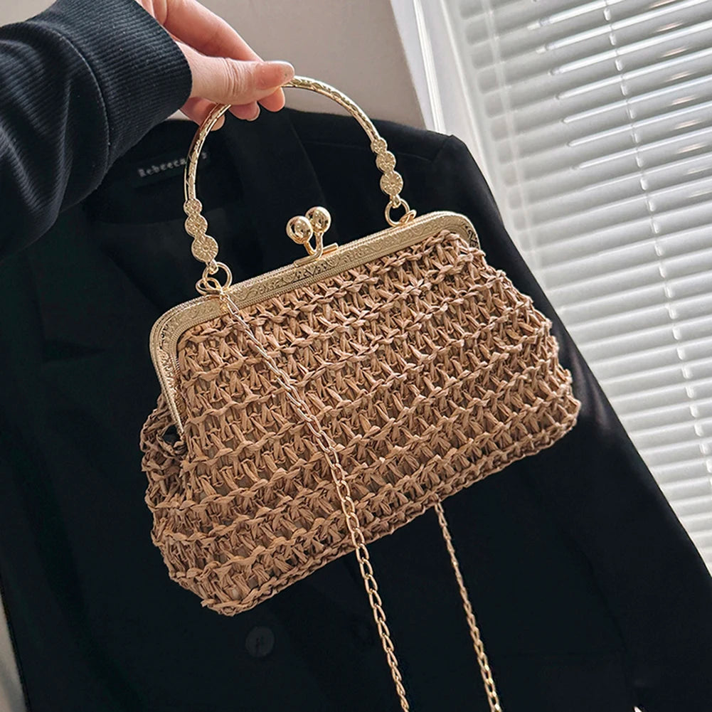 Summer Beach Straw Bags Exquisite Gold Chain Party Banquet Purse Hand Woven Handbag Female Clutch Bag Shoulder Crossbody Bags