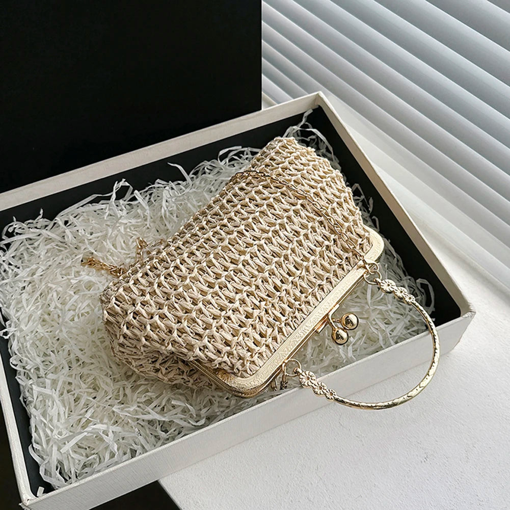 Summer Beach Straw Bags Exquisite Gold Chain Party Banquet Purse Hand Woven Handbag Female Clutch Bag Shoulder Crossbody Bags